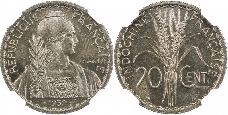 FRENCH INDOCHINA: copper-nickel 20 cents, 1939(a), KM-23a.1, reeded edge, with d...