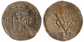 BANJARMASIN: AE keping (1.84g), ND (1790-1817), KM-2, crowned shield // VOC, with letter I twice on either side, design derived from the Dutch Indones...