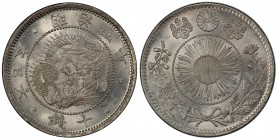 JAPAN: Meiji, 1868-1912, AR 20 sen, year 4, Y-3, JNDA-01.20, very rare variety, with lower stroke in character sen incomplete, PCGS graded MS66.