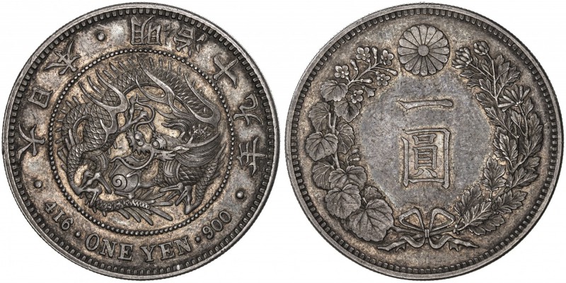 JAPAN: Meiji, 1867-1912, AR yen, year 19 (1886), Y-A25.2, spiral on pearl curls ...