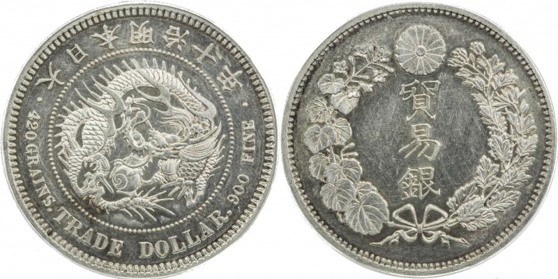 JAPAN: Meiji, 1868-1912, AR trade dollar, year 10 (1877), Y-14, JNDA-01-12, clea...