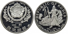 KOREA (SOUTH): Republic, AR 100 won, 1970, KM-8, 5000th Anniversary of Korea - Admiral Lee Sun Shin, and Geobukseon (Turtle ship), mintage 4,350, with...