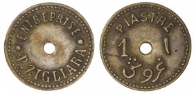 LEBANON: AE 1 piastre token (2.40g), ND [ca. 1910s], 20mm bronze token, "ENTERPRISE. P.ZIGLIARA. // PIASTRE / 1 (center hole) 1(Arabic) / GUROUSH (Ara...