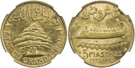 LEBANON: French Mandate, 5 piastres, 1925, KM-5.2, privy marks either side, NGC graded MS64.