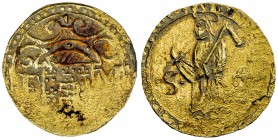 PORTUGUESE MALACCA: Filipe I, 1580-1598, AV unit (2.63g), ND, SS-—, Gomes—, Portuguese coat of arms, with the letter F to the left and M right // São ...