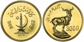 PAKISTAN: Islamic Republic, AV 3000 rupees, 1976, KM-44, Astor Markhor, mintage 902, Brilliant UNC. The Astor markhor (Capra falconeri falconeri) is a...