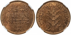 PALESTINE: AE 2 mils, 1927, KM-2, almost entirely red, very little brown, NGC graded MS65 RB.