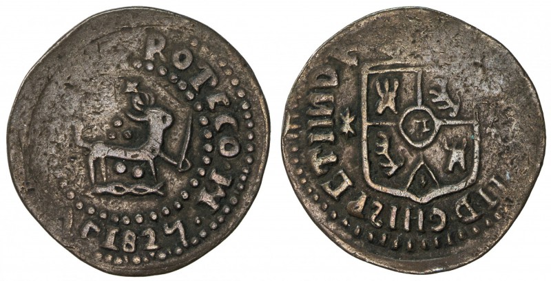 PHILIPPINES: Fernando VII, 1808-1833, AE quarto (2.90g), 1827-M, KM-7, Basso-32,...