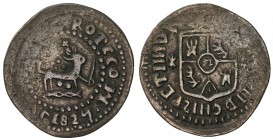 PHILIPPINES: Fernando VII, 1808-1833, AE quarto (2.90g), 1827-M, KM-7, Basso-32, initial F, key date, crude gibberish lettering, uneven strike, full d...
