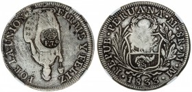 PHILIPPINES: Fernando VII, 1808-1833, AR reales, ND [1832-34], KM-83, countermarked crowned F.7o on Peru 1833 Lima mint 8 reales, assayer MM, NGC grad...