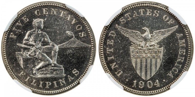 PHILIPPINES: U.S. Territory, 5 centavos, 1904, KM-164, mintage 1,355, NGC graded...