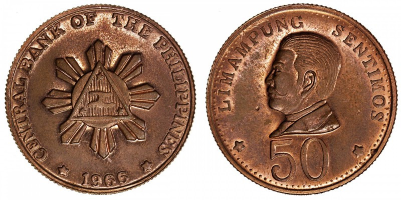 PHILIPPINES: pattern AE 50 sentimos, 1966, triangle shield, date below // bust o...
