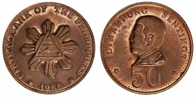 PHILIPPINES: pattern AE 50 sentimos, 1966, triangle shield, date below // bust of Marcelo H. Del Pilar, denomination below, UNC. A series of private o...