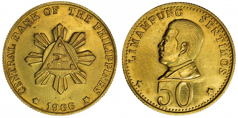 PHILIPPINES: pattern 50 sentimos, 1966, struck in brass, triangle shield, date b...