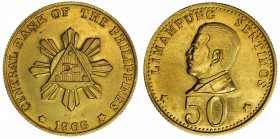 PHILIPPINES: pattern 50 sentimos, 1966, struck in brass, triangle shield, date below // bust of Marcelo H. Del Pilar, denomination below, UNC. A serie...