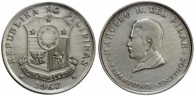PHILIPPINES: pattern 50 sentimos, 1967, struck in silver or silvered bronze, coat of arms, date below // bust of Marcelo H. Del Pilar, denomination be...