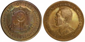 PHILIPPINES: AE peso pattern, ND (ca. 1960's), struck in brass, Ferdinand E. Marcos, variety with legend below, coat of arms obverse, UNC. A series of...