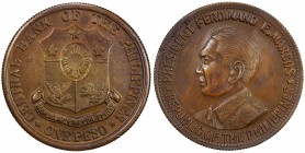 PHILIPPINES: AE peso pattern, ND (ca. 1960's), struck in copper, Ferdinand E. Marcos, variety with legend below, coat of arms obverse, UNC. A series o...