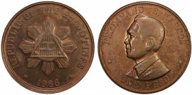 PHILIPPINES: AE peso pattern, 1966, Ferdinand E. Marcos, variety with denomination below bust and triangle obverse, UNC. A series of private or semi-o...