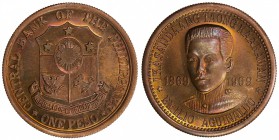 PHILIPPINES: AE peso pattern, 1969, struck in copper, Emilio Aguinaldo, UNC. A series of private or semi-official patterns were produced between 1966 ...