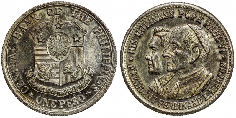PHILIPPINES: silvered AE peso pattern, ND (1970), Coat of Arms / conjoined busts...