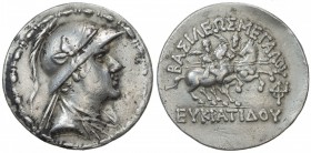 INDO-GREEK: Eukratides, ca. 170-145 BC, AR tetradrachm (16.47g), Bop-6E, diademed bust left, wearing crested helmet // the Dioscuri on horseback, rear...
