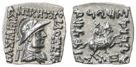 INDO-GREEK: Philoxenos, ca. 100-95 BC, AR square drachm (2.37g), Bop-6C, king's bust, diademed & wearing crested helmet // king on horseback, rearing ...