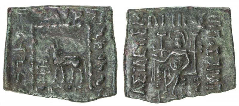 INDO-GREEK: Hippostratos, ca. 65-55 BC, AE square unit (6.33g), Bop-11A, Zeus en...