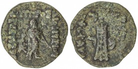 INDO-GREEK: Dionysos, ca. 65-55 BC, AE unit (15.83g), Bop-3E, Apollo standing, holding an arrow with both hands // tripod, attractive strike for this ...