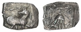 INDO-SCYTHIAN: Anonymous, ca. 110-100 BC, AR square hemidrachm (0.66g), Mitch-2142/46, horse walking right, head turned back // winged Nike right, con...