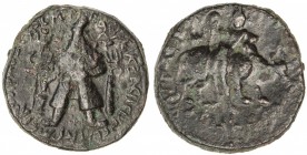 KUSHAN: Vima Kadphises, ca, 105-127, AE ½ unit (8.34g), Mitch-3048/49, king standing, offering sacrifice over altar, trident to left, club & tamgha to...