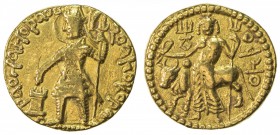 KUSHAN: Vasu Deva I, ca. 191-230+, AV dinar (8.02g), G-512, king standing, holding trident & sacrificing over altar // Siva & bull, with Siva holding ...