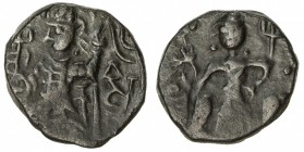 KUSHAN: Vasu Deva II, ca. 290-310, AE ½ unit (3.15g), Mitch-—, king standing, letter ka below arm, Va Su to right // seated figure, probably represent...