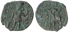 KUSHANO-SASANIAN: Peroz I, ca. 245-270, AE drachm (2.36g), Carter-8; Cribb-19, king standing left, sacrificing at altar and holding trident; to left, ...