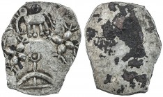 ANDHRA JANAPADA: ca. 500-350 BC, AR ½ karshapana (1.24g), Ra-10var, 4 punches: 2 cross-like floral symbols, elephant, and bow, as Rajgor-10 but bow in...