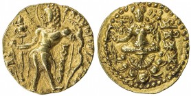 GUPTA: Chandragupta II, 383-412, AV dinar (stater) (8.01g), Mitch-4796 ff, Archer type: king standing, nimbate, holding arrow & bow, Garuda standard t...