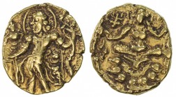 GUPTA: Chandragupta II, 383-412, AV dinar (7.85g), Mitch-4796 ff, archer type: king standing, holding bow & arrow (arrow off flan) // Lakshmi seated c...