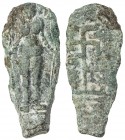 CEYLON: Anonymous, 1st-2nd century AD, AE plaque (5.11g), ND, Mitch-5050/51, deity standing between two standards // swastika atop railed pole, coin a...