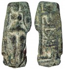 CEYLON: Anonymous, 1st-2nd century AD, AE plaque (1.83g), ND, Mitch-5052/53, deity standing between two standards // swastika atop railed pole, coin a...