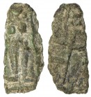 CEYLON: Anonymous, 1st-2nd century AD, AE plaque (1.02g), ND, Mitch-5052/53, deity standing between two standards // swastika atop railed pole, coin a...