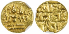 VIJAYANAGAR: Hara Hara II, 1377-1404, AV ½ pagoda, Fr-350, Mitch-1998:412, Siva & Parvati seated, holding trident & damaru, struck from worn reverse d...