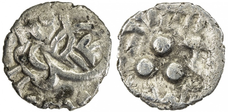 AMIRS OF MULTAN: Jaisimha b. Dahir, ca. 720, AR damma (0.56g), A-1510N, stylized...