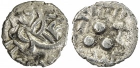 AMIRS OF MULTAN: Jaisimha b. Dahir, ca. 720, AR damma (0.56g), A-1510N, stylized image, with two Nagari characters // Arabic lillah jâh below usual 3 ...