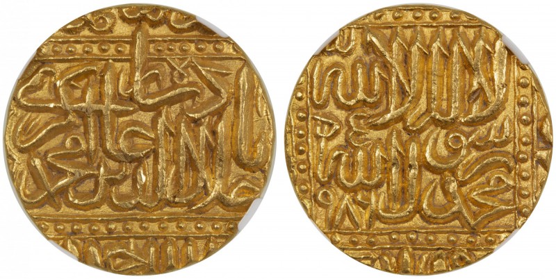 MUGHAL: Akbar I, 1556-1605, AV mohur, Ahmadabad, AH986, KM-108.2, magnificent bo...