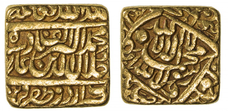 MUGHAL: Akbar I, 1556-1605, AV mohur (11.94g), "Urdu Zafar Qarin", AH"1000", KM-...