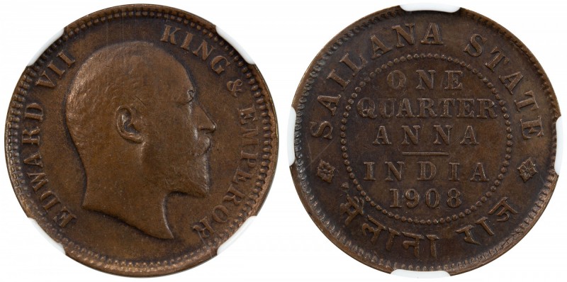 SAILANA: Edward VII, 1901-1910, AE ¼ anna, 1908, KM-15, NGC graded AU53 BR.