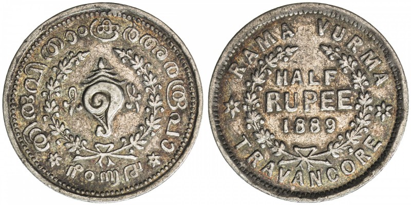 TRAVANCORE: Rama Varma VI, 1885-1924, AR ½ rupee, 1889, KM-38, VF.
