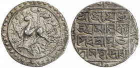 TRIPURA: Jaya Manikya, 1573-1577, AR tanka (10.64g), SE1495, KM-85, Rh-151, lion left, standard above // 4-line legend, citing Queen Subhadra, bold VF...