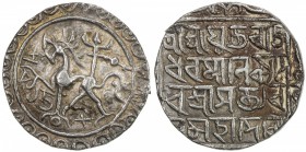 TRIPURA: Rajadhara Manikya, 1586-1599, AR tanka (10.81g), SE1508, KM-97, Rh-180, lion left, standard above, citing Queen Satyavati, minor discoloratio...
