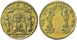 INDIAN STATES: AV religious token (12.34g), Ramatanka type medal in gold, sri mahavira above with Mahavira at center, attendants either side // two at...